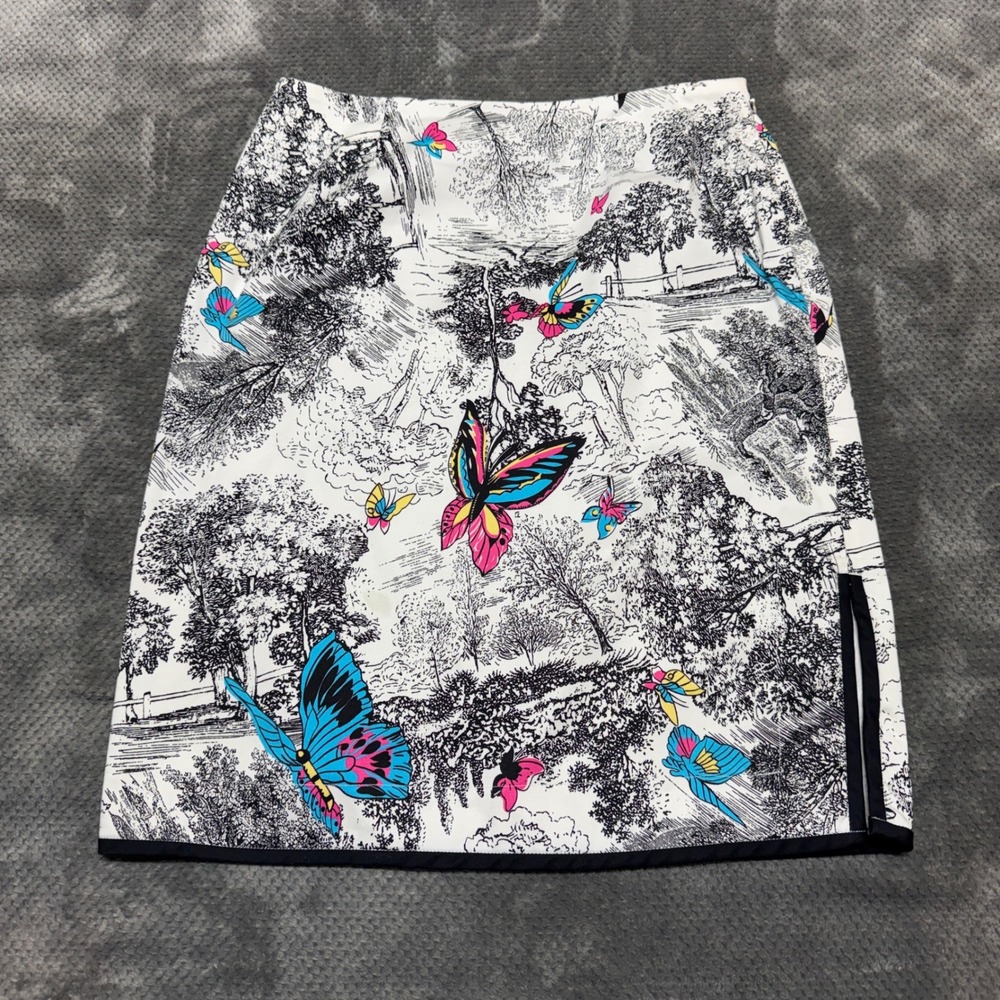 City Silk Stretch Butterfly Toile Print Pencil Skirt Size 4 Black White Colorful